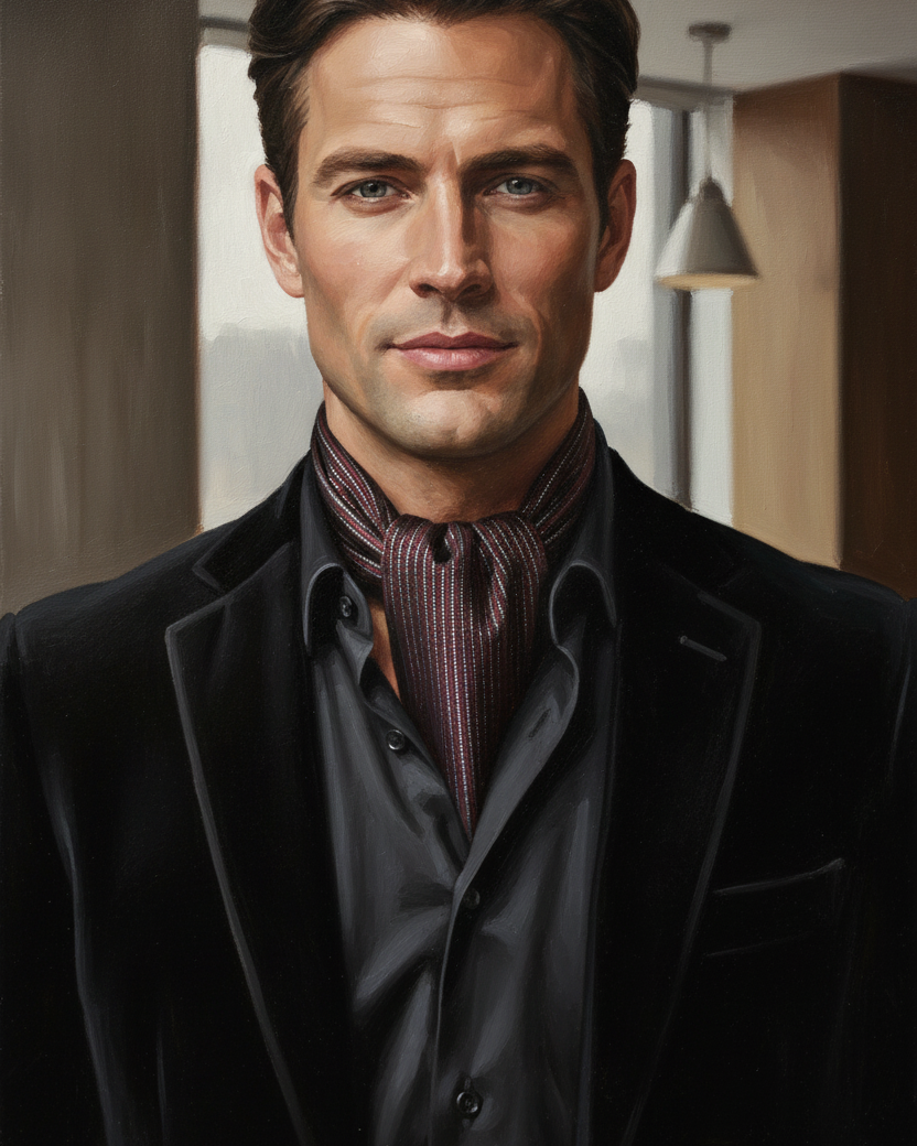 Black Red Gold & Silver Dotted Stripes Brocade Handwoven Silk Ascot Tie styled modern way with black shirt