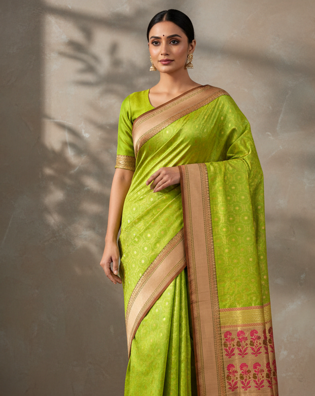 Green Banarasi Gold Zari Floral Buta Cutwork Brocade Handwoven Katan Silk Saree - Premium Lifestyle Image