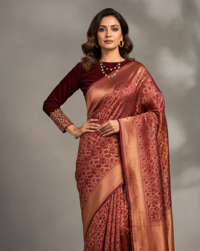 Maroon Banarasi African Tribal Copper Zari Resham Alfi Brocade Handwoven Katan Silk Saree-HolyWeaves