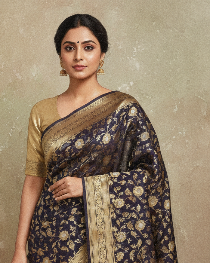 Lifestyle image of Navy Blue Gold Silver Zari Floral Jaal Banarasi Saree