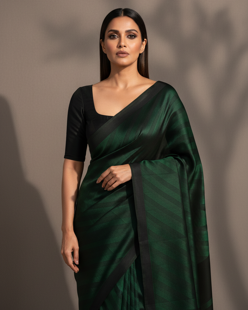 Midnight Green WATERMARK Diagonal Stripes Tanchoi Handwoven Kora Silk Banarasi Saree - Bold Contemporary Lifestyle