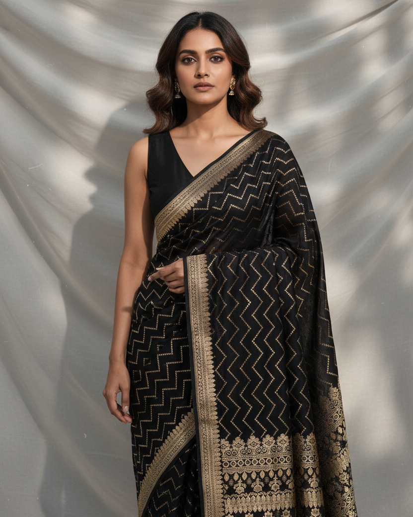 Black Gold Zari Chequered Chevron Cutwork Brocade Handwoven Katan Silk Banarasi Saree lifestyle image