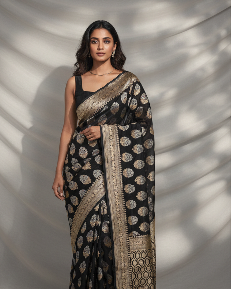 Black Alfi Gold & Silver Zari Buta Cutwork Brocade Handwoven Katan Silk Banarasi Saree lifestyle image