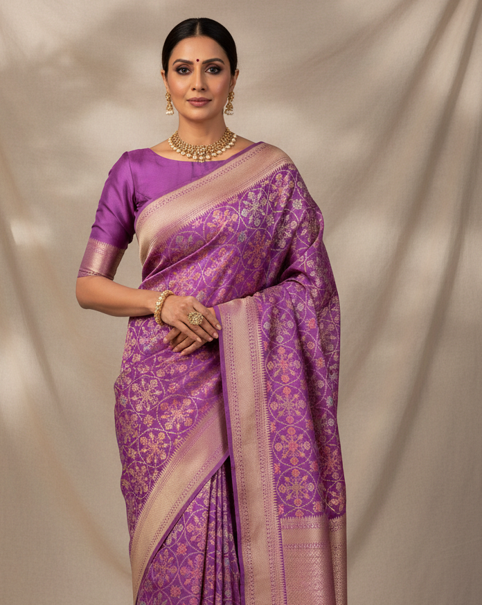 Lilac Tehra Patola Cutwork Brocade Handwoven Katan Silk Banarasi Saree lifestyle image