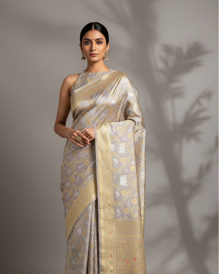 Gray Banarasi Rajaji Shikargah Kadhuan Brocade Handwoven Katan Silk Saree - Premium Lifestyle Image