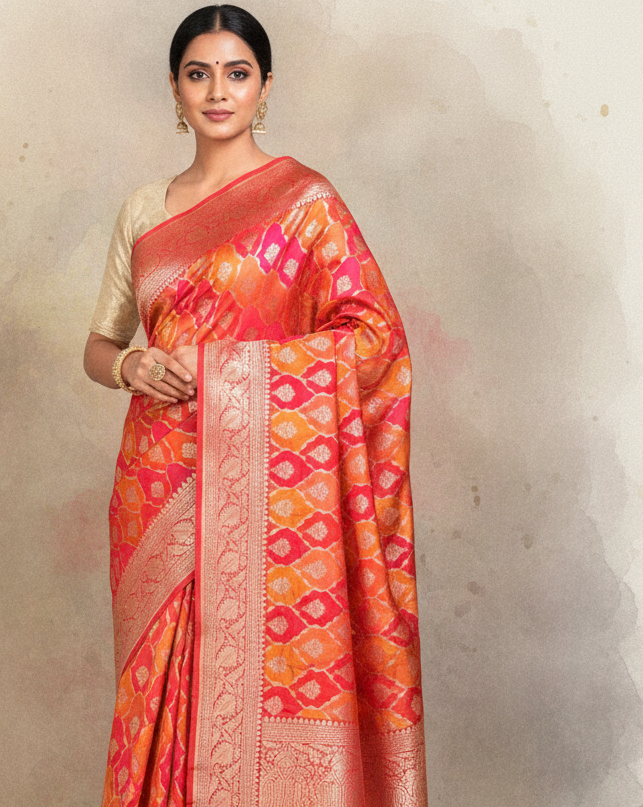 Lifestyle image of Bridal Multi-color Rangkaat Cutwork Brocade Banarasi Saree