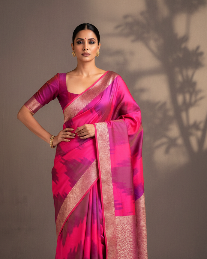 Rainbow Pink Kadhuan Brocade Handwoven Katan Silk Banarasi Saree - Contemporary Editorial Styling