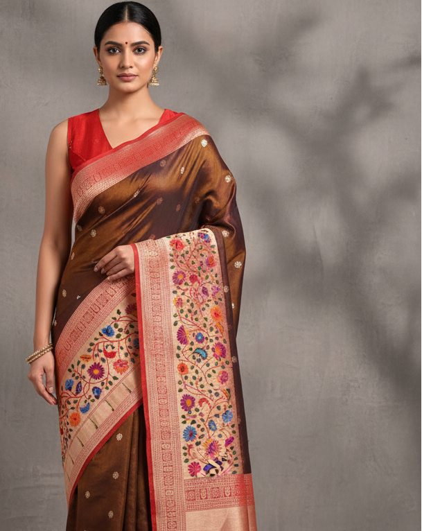 Shot Brown Banarasi Gold Zari Cutwork Brocade Handwoven Katan Silk Saree with Paithani Border Pallu - Premium Lifestyle Image
