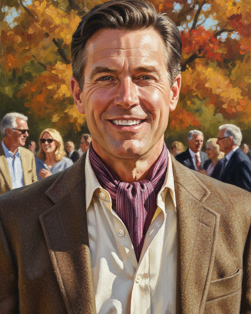 Variegated Mahogany Dual Sided Handwoven Silk Wool Ascot Tie styled for autumn outdoor event