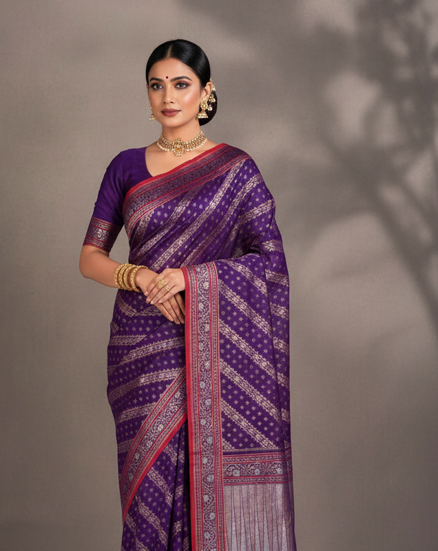Purple Nilambari Gold & Silver Zari Diagonal Ornament Stripes Cutwork Brocade Handwoven Cotton Banarasi Saree with Koniya Buta-HolyWeaves