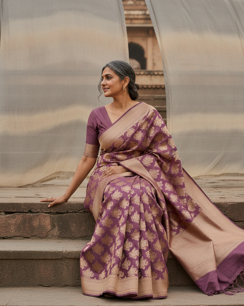 Wine Mauve Gold Zari Gulab Buta Banarasi Saree - Creative Editorial Shot