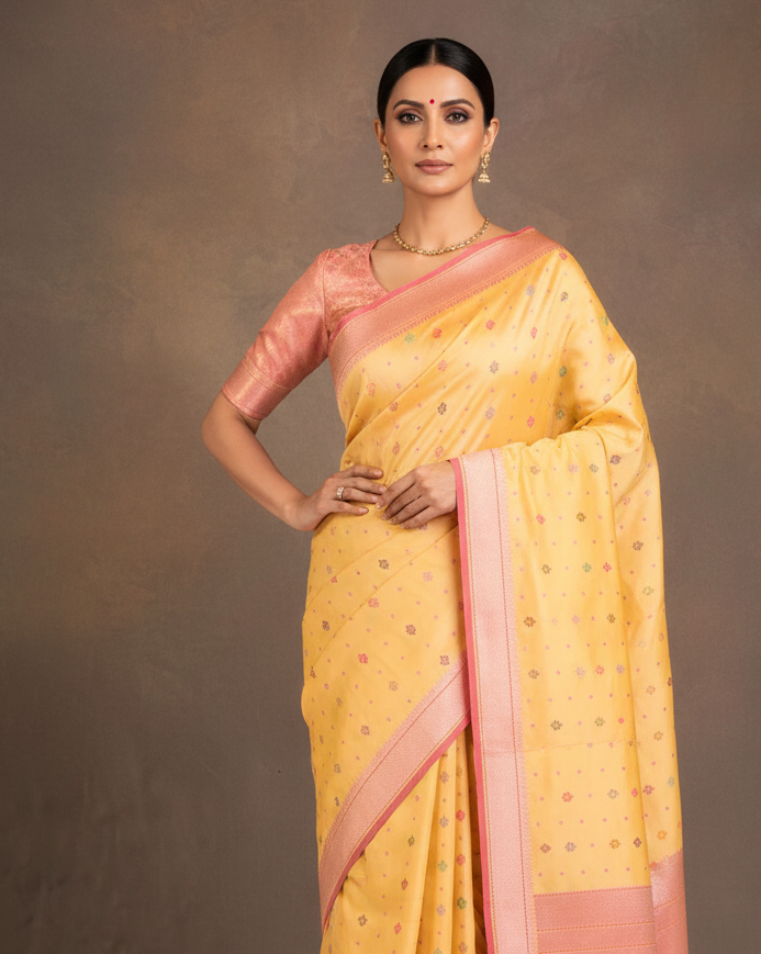 Yellow Multi Color Resham and Pink Zari Bachcha Buti Kadhuan Brocade Handwoven Katan Silk Banarasi Saree lifestyle image