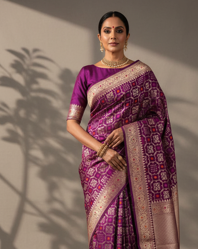 Purple Gold & Silver Zari & Resham Meena Gharchola Kadhuan Brocade Handwoven Katan Silk Banarasi Saree lifestyle image