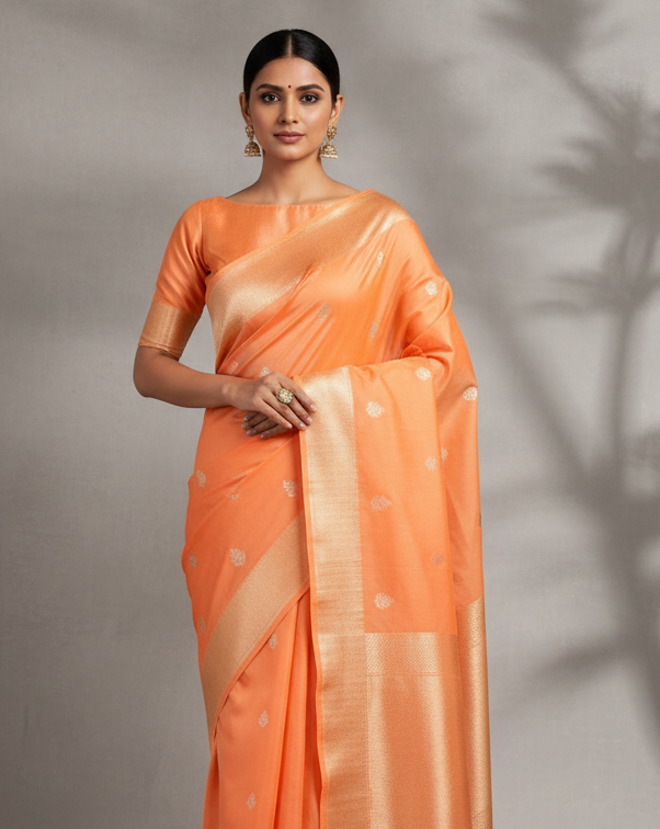 Fanta-stic Orange Banarasi Gold & Silver Zari Buti Lightweight Kadhuan Brocade Handwoven Katan Silk Saree - Premium Lifestyle Image