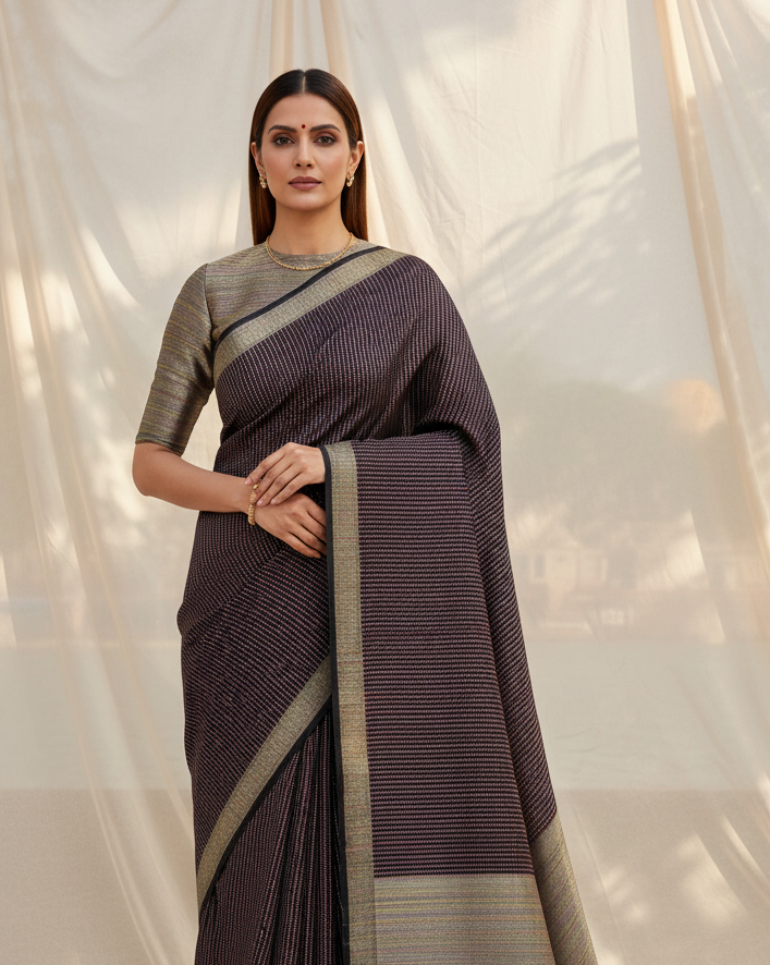 Black Banarasi Resham & Zari Stripes Brocade Handwoven Katan Silk Saree with Multicolor Resham & Zari Border Pallu