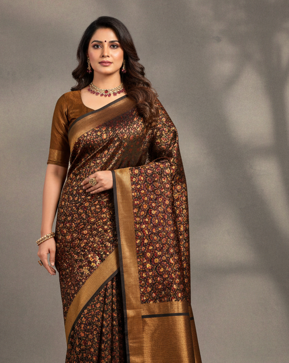 Black Banarasi Alfi Jaguar Resham Brocade Handwoven Katan Silk Saree-HolyWeaves