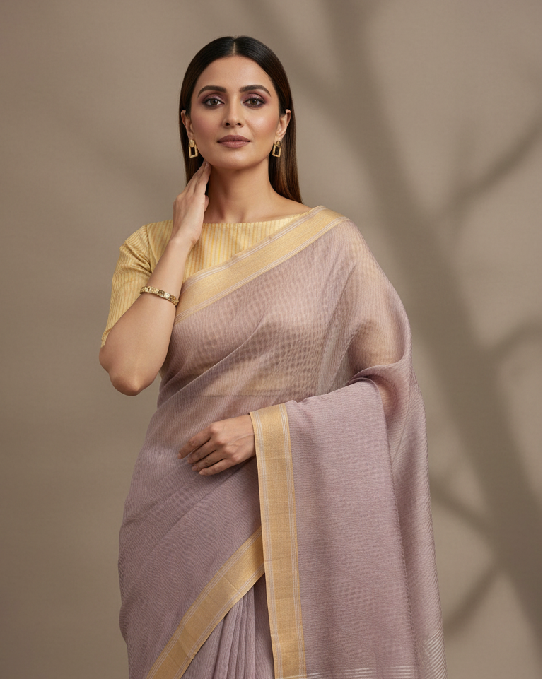 Mauve WATERMARK Geometric Tanchoi Handwoven Banarasi Kora Silk Saree - Contemporary Lifestyle