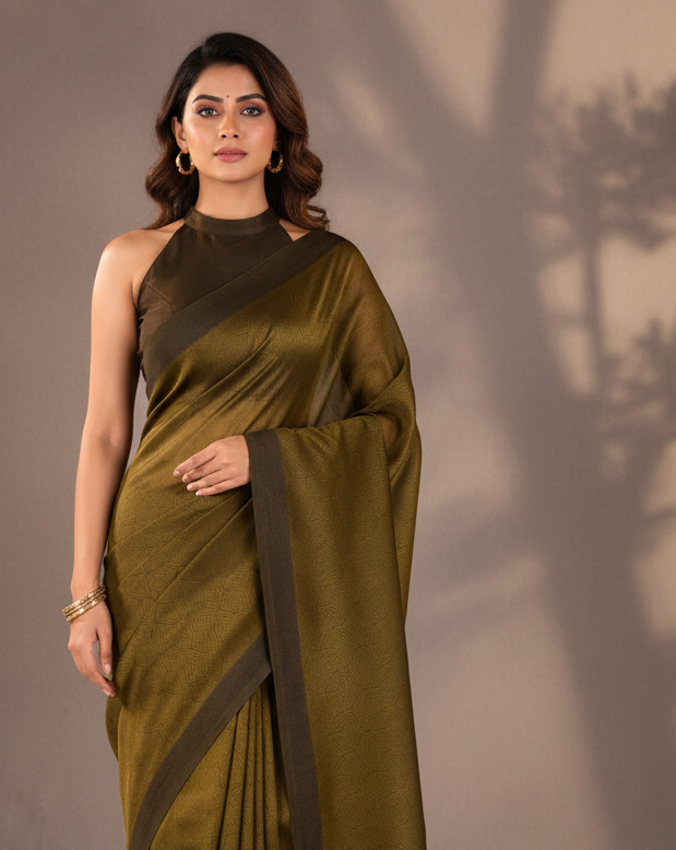 Olive Green WATERMARK Illusion Honeycomb Handwoven Kora Silk Banarasi Saree lifestyle image