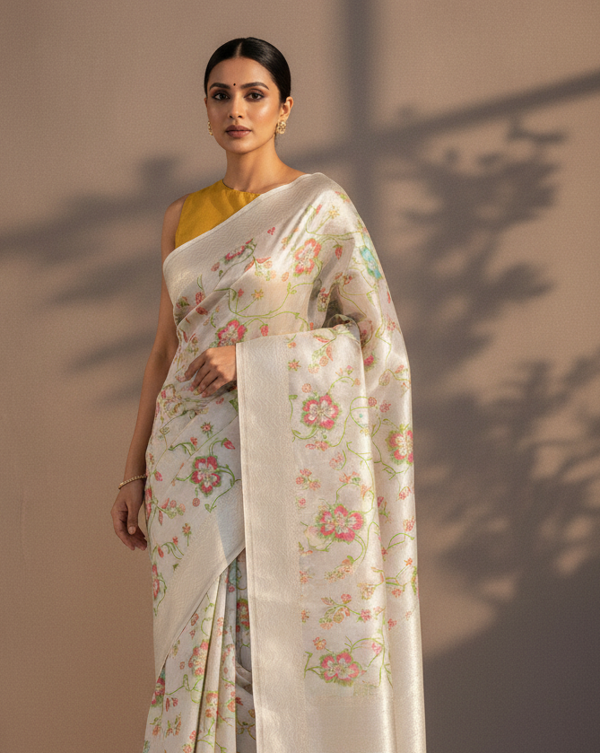 Metallic Silver Silver Zari & Resham Floral Jaal Cutwork Brocade Handwoven Tasar Georgette Tissue Banarasi Saree - Lifestyle Image