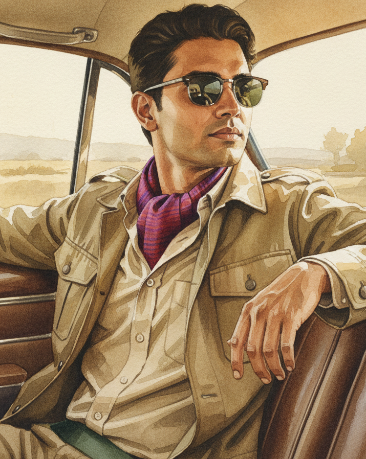 Ombre Maroon Multi-color Waterfall Handwoven Silk Ascot Tie styled in vintage car setting