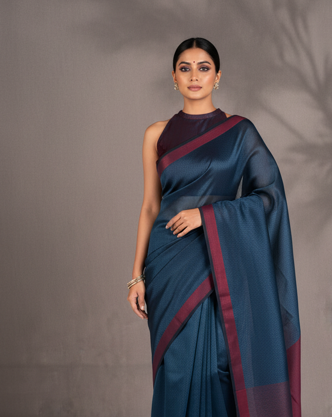Lifestyle image of Prussian Blue Herringbone WATERMARK Tanchoi Handwoven Kora Silk Banarasi Saree with Maroon Border Pallu