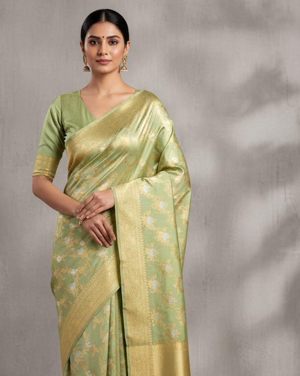 Laurel Green Banarasi Gold & Silver Zari Alfi Floral Jaal Kadhuan Brocade Handwoven Katan Silk Saree - Premium Lifestyle Image