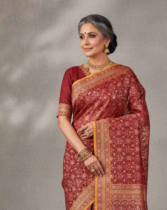 Maroon Rakhtambari Gold & Silver Zari Jaal Cutwork Brocade Handwoven Cotton Banarasi Saree with Koniya Buta-HolyWeaves