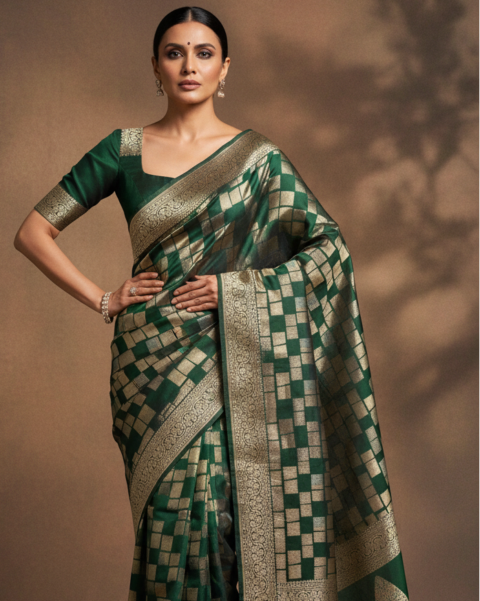 Midnight Green Banarasi Gold & Silver Zari Random Blocks Cutwork Brocade Handwoven Katan Silk Saree lifestyle image with art blouse