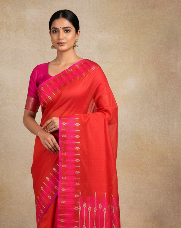Lifestyle image of Red Banarasi Fuchsia Pink Feather Border Kadhuan Brocade Saree