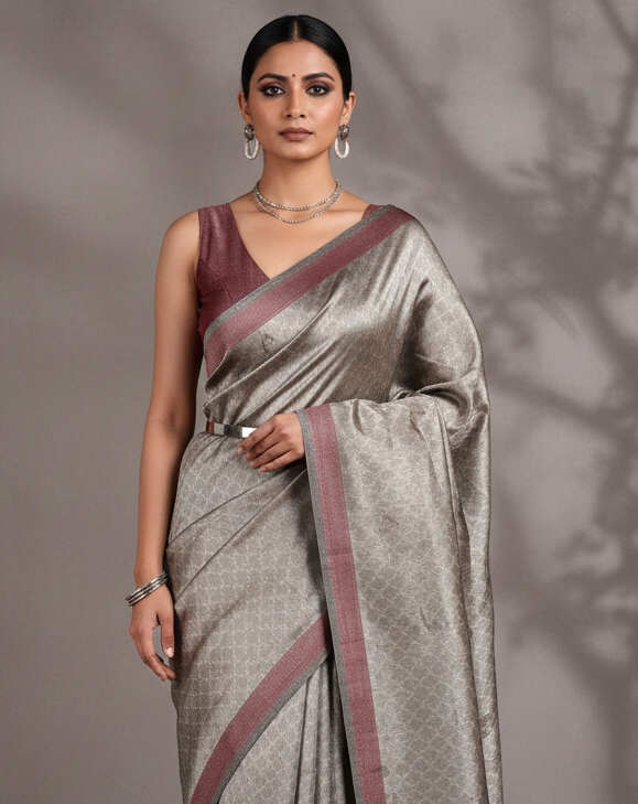 Metallic Silver Gray Quatrefoil WATERMARK Tanchoi Handwoven Kora Tissue Banarasi Saree - Premium Lifestyle Image