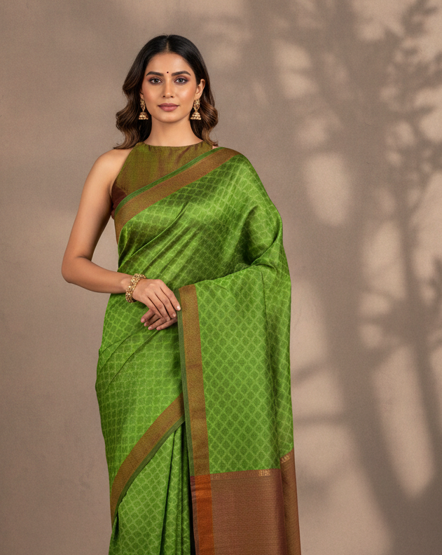 Green WATREMARK Moroccon Grids Tanchoi Handwoven Silk Wool Banarasi Saree with Contrast Red Border Pallu lifestyle image