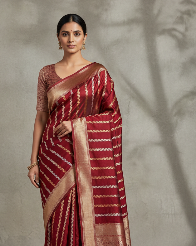 Maroon Banarasi Gold Silver Antique Zari Herringbone Stripes Kadhuan Brocade Handwoven Katan Silk Saree - Premium Lifestyle Image