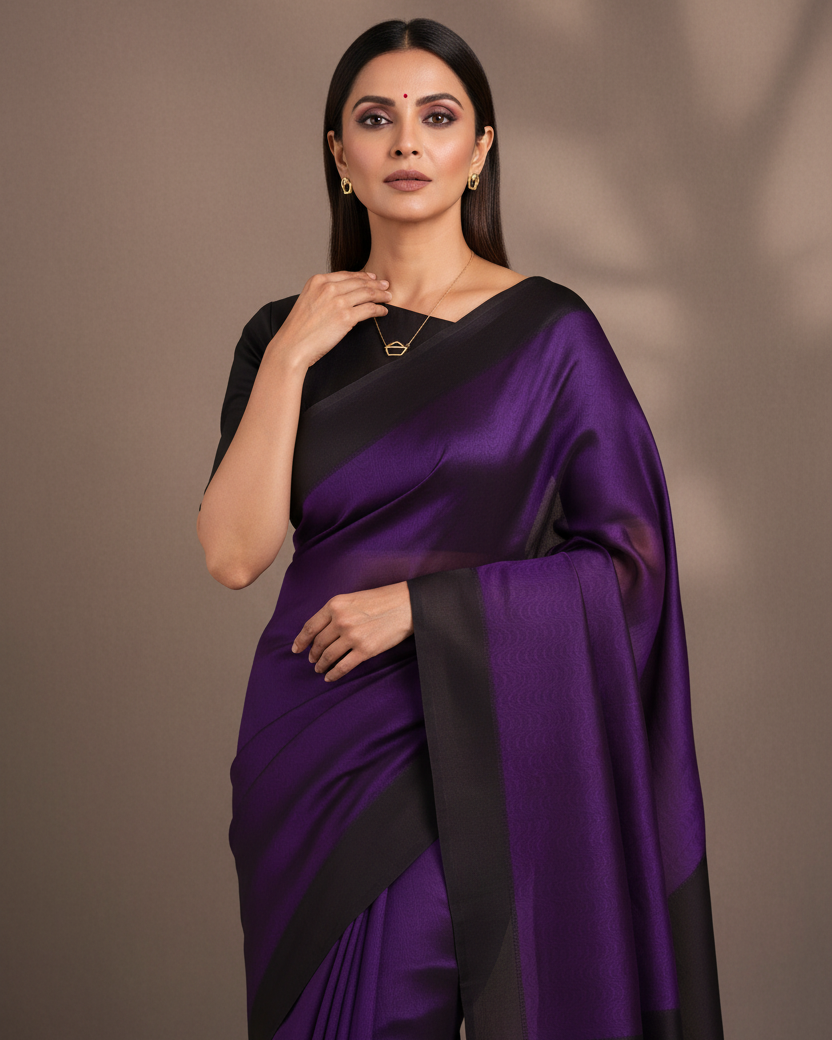 Purple WATERMARK Illusion Waves Tanchoi Handwoven Kora Silk Banarasi Saree - Contemporary Lifestyle