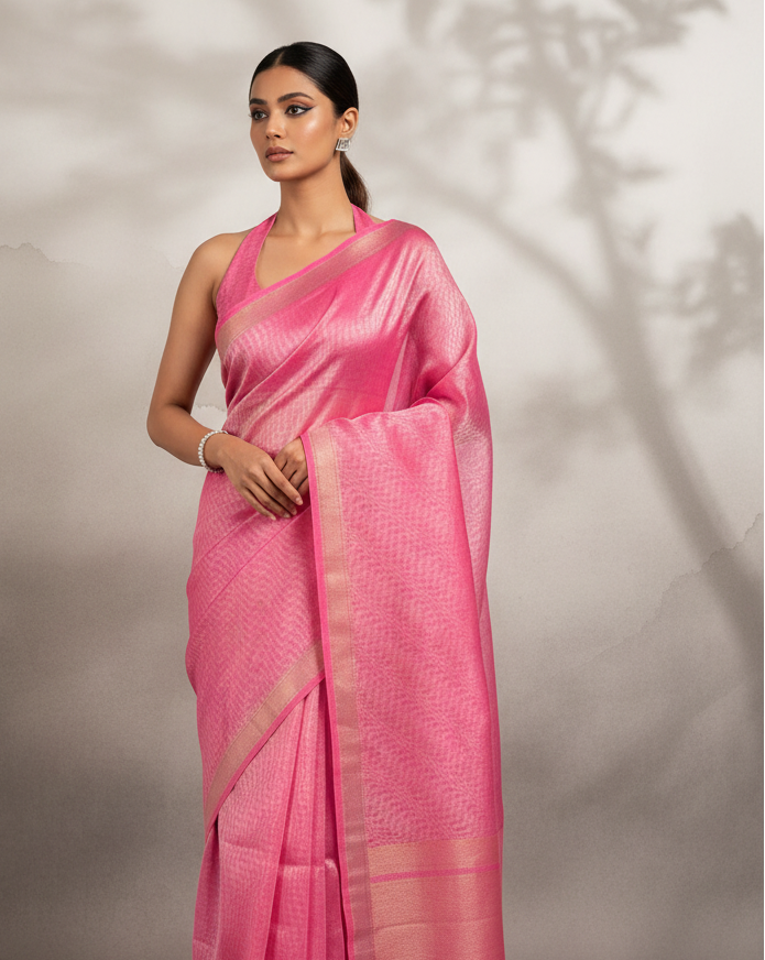 Lifestyle image of Silver Pink Geometric Grids WATERMARK Tanchoi Handwoven Kora Tissue Banarasi Saree