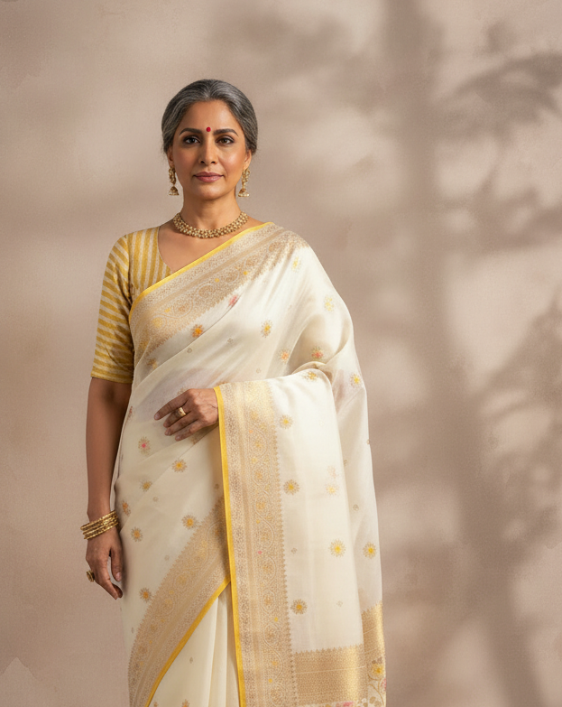 Ivory White Gold Zari & Meenekari Buti Kadhuan Brocade Handwoven Kora Silk Banarasi Saree lifestyle image