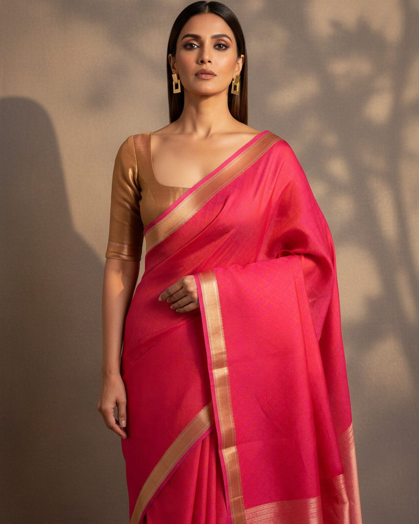 Shot Pink Banarasi WATERMARK Moroccan Grids Tanchoi Handwoven Kora Silk Saree with Gold Zari Border Pallu - Bold Contemporary Lifestyle