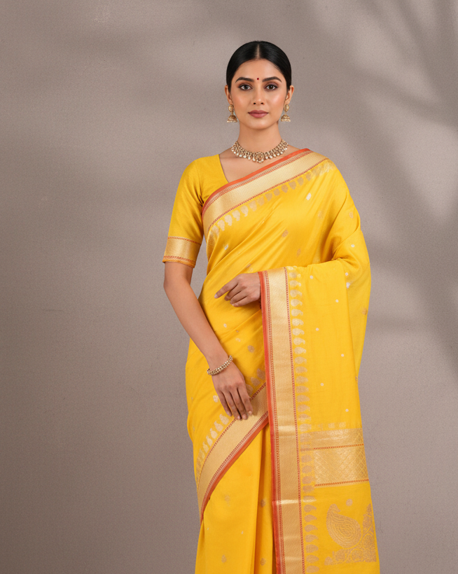 Yellow Pitambari (पीताम्बरी) Gold & Silver Zari Buti Kadhuan Brocade Handwoven Cotton Banarasi Saree with Koniya Buta-HolyWeaves