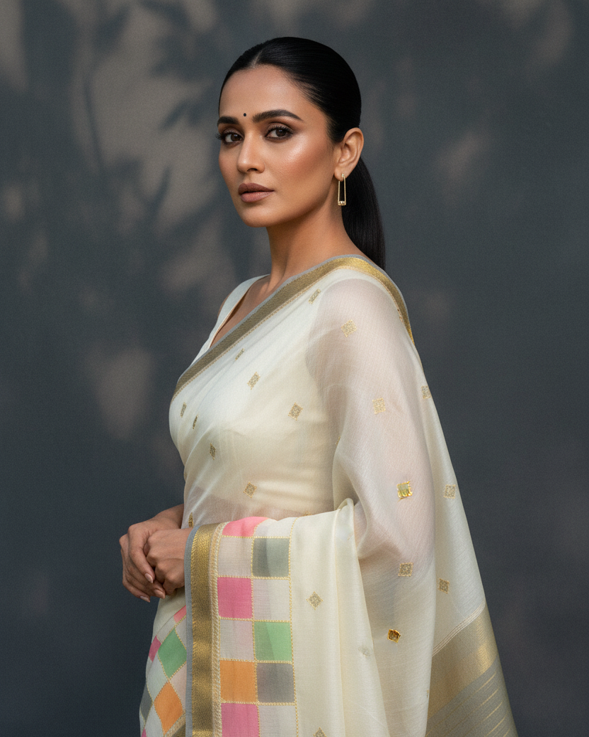 Ivory Chequered Banarasi Editorial - Reference Driven