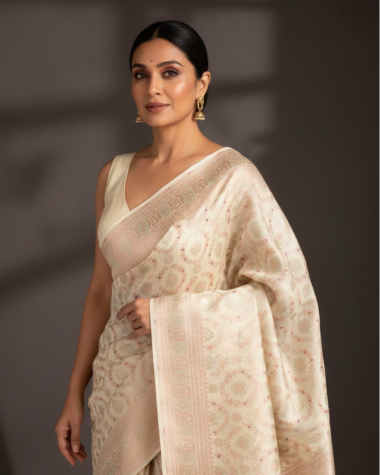 Ivory Meenakari Spun Silk Banarasi - Minimal Prompt Pure Visual