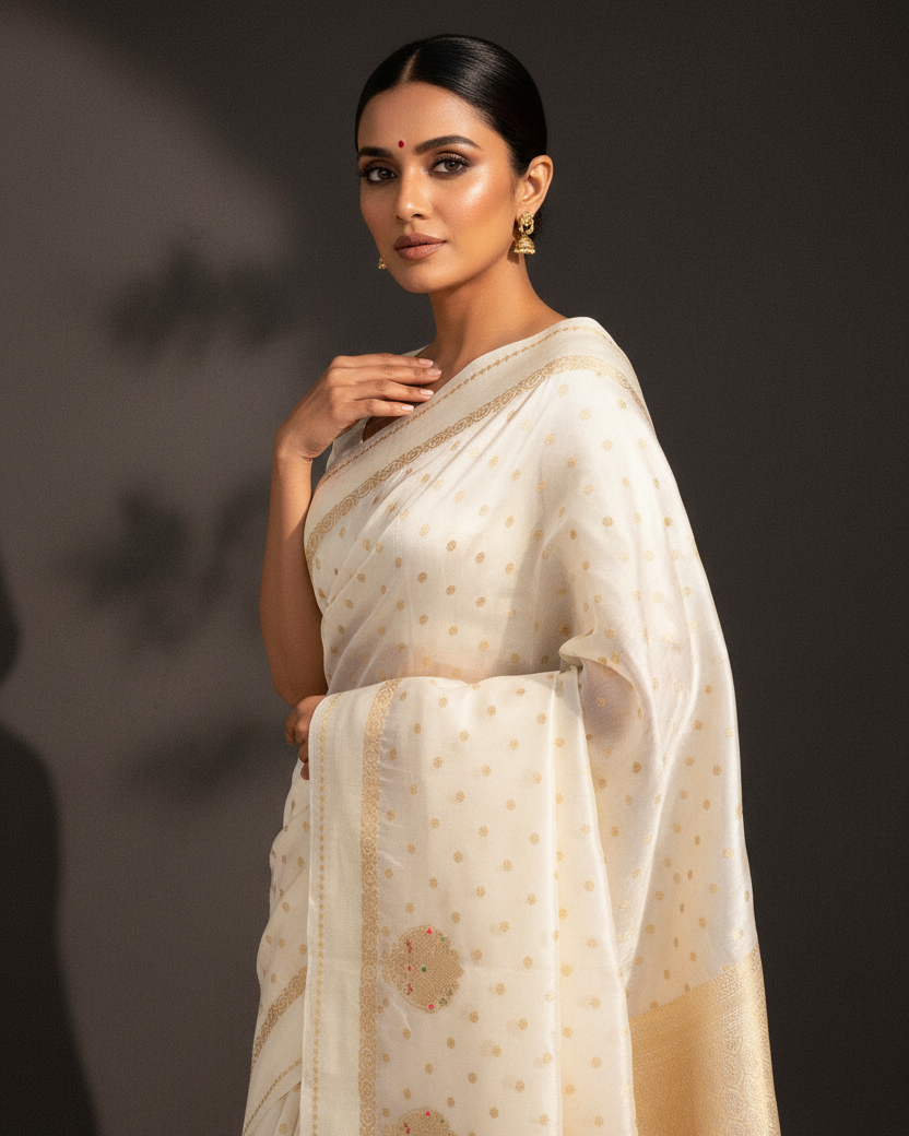 Ivory White Gold Zari Buti Dupion Silk Banarasi Editorial v2
