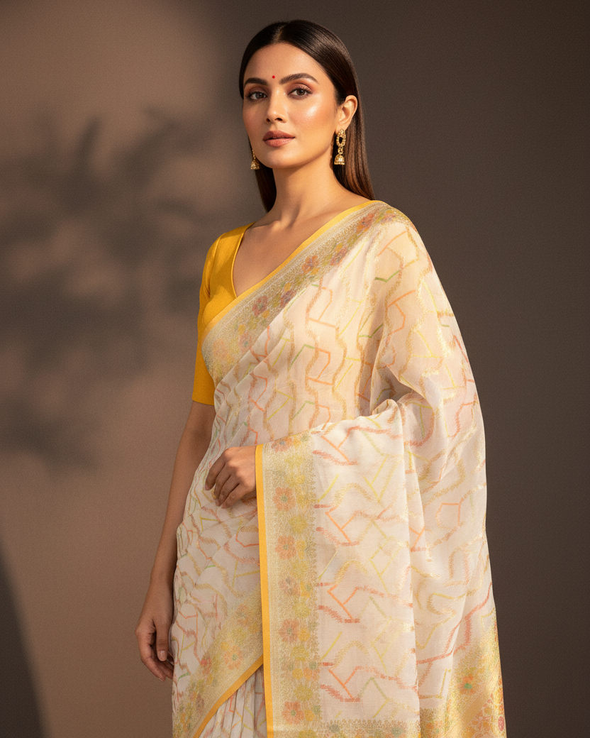 Ivory White Serrated Stripe Khaddi Georgette Banarasi — Luxury Editorial