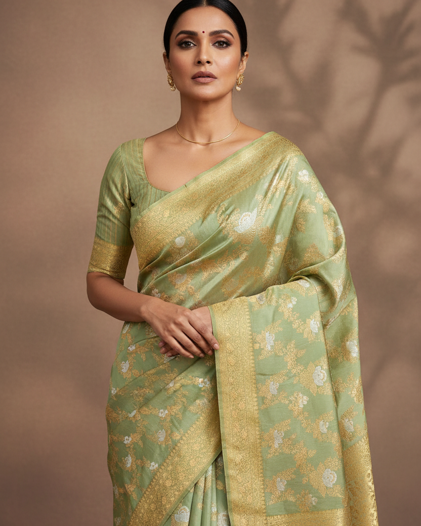 Laurel Green Banarasi Alfi Jaal Katan Silk — Border Corrected