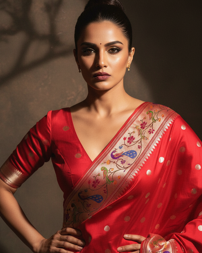 Look 1 — High bun, deep V, fierce direct gaze