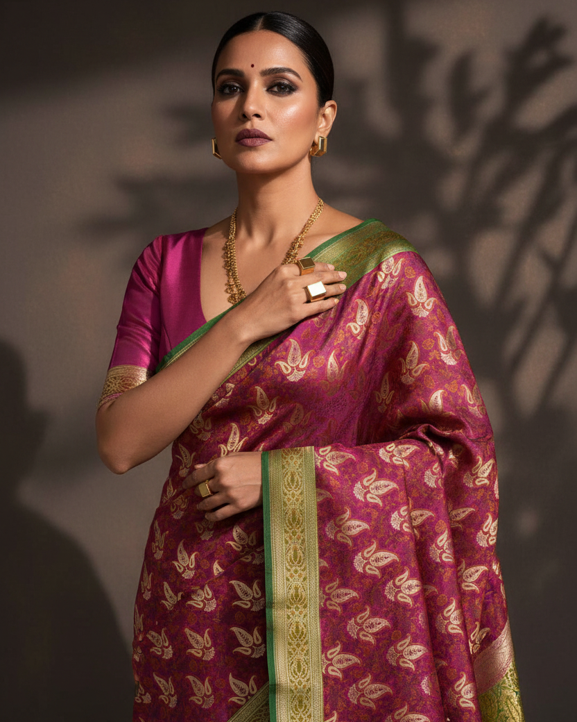 Magenta Gold Zari Paisley Katan Silk — Editorial