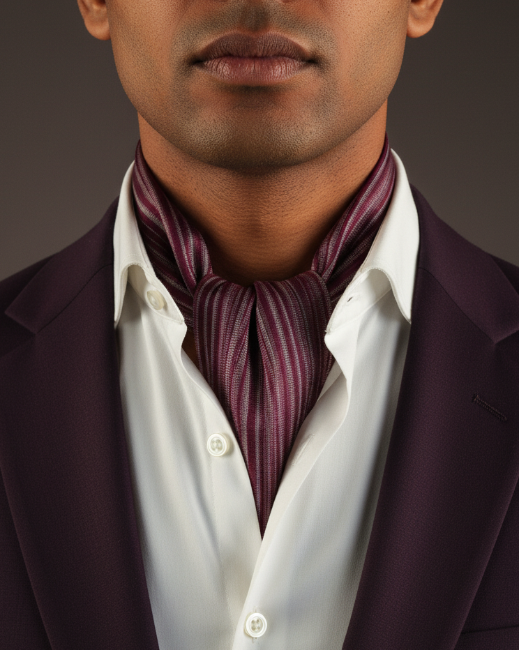 Mahogany Pin Stripe Ascot - Inside Shirt, Plum Blazer
