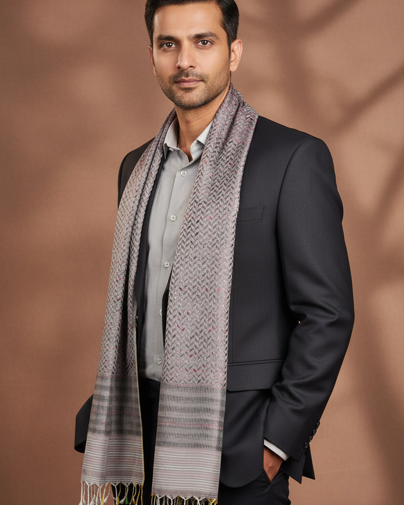Male - Grey Herringbone Tanchoi - Inside Open Blazer, Structured Body