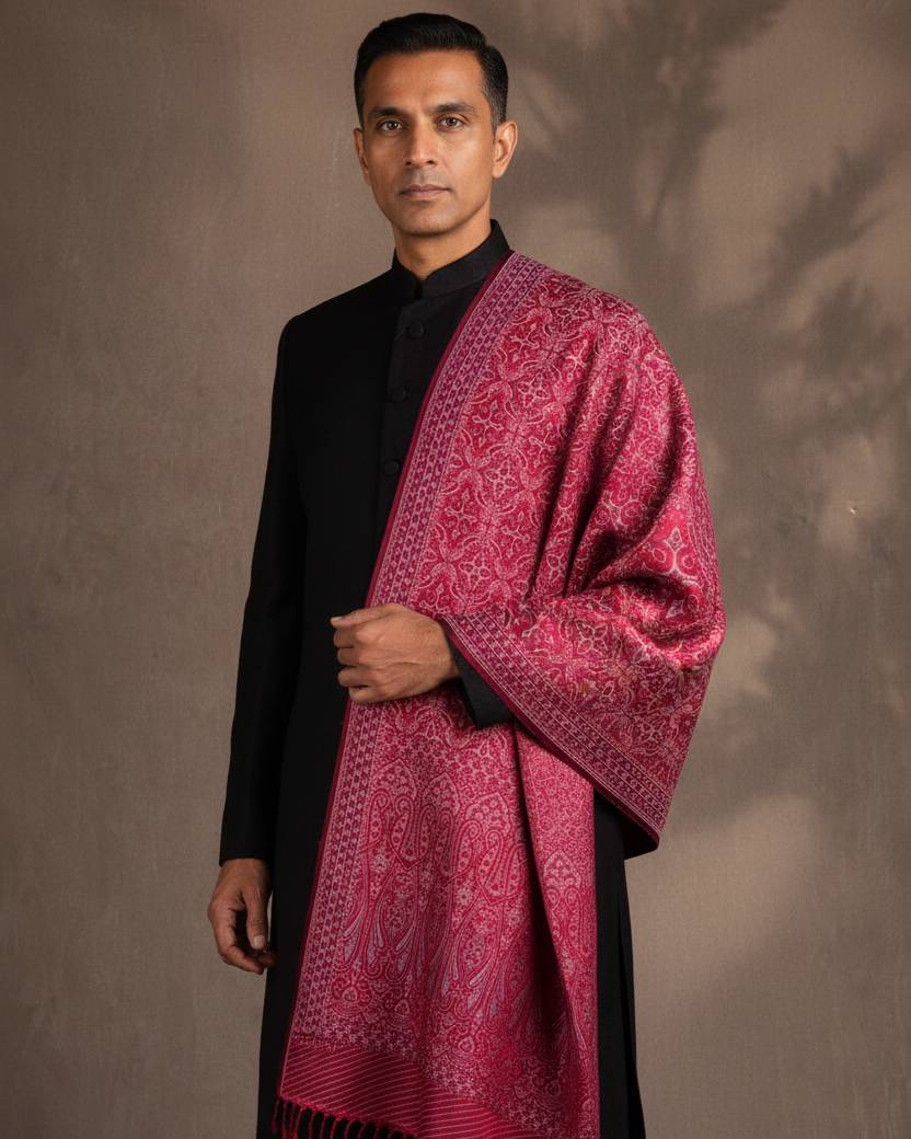 Male Indian — Maroon Jamawar over Black Sherwani