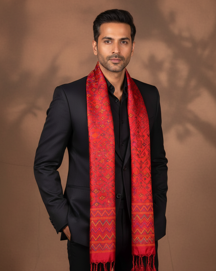 Male - Red Dotted Jamawar - Corrected Border + Tassels, Extra Vertical Space