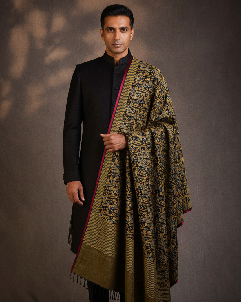 Male — Yellow Gray Black Glitch Jamawar Shawl