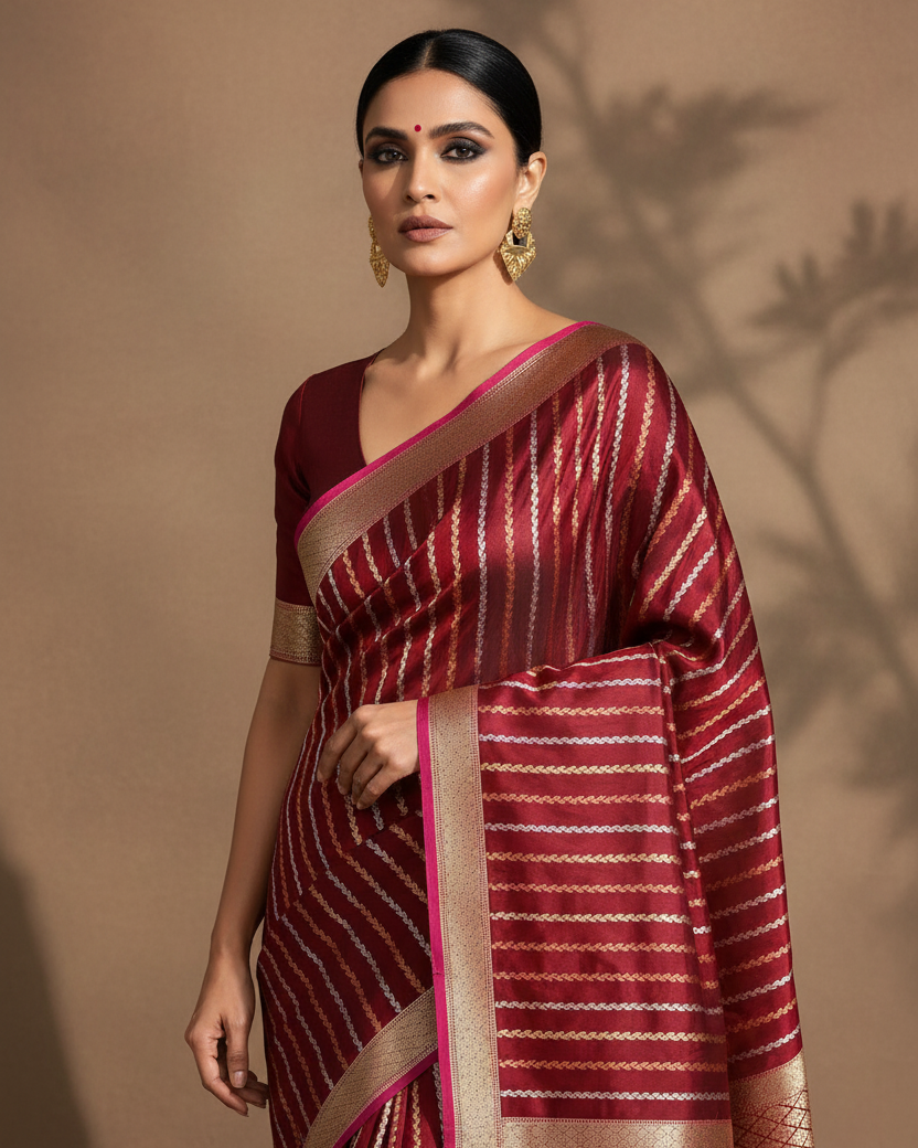 Maroon Herringbone Stripes Katan Silk — Editorial